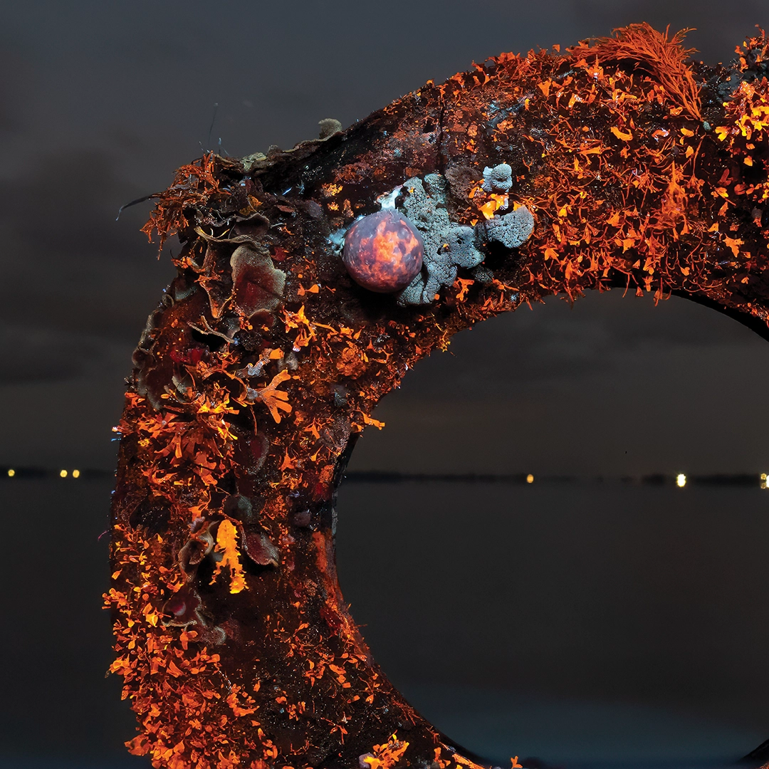 Tyre reclaimed by fluorescing marine growth under UV light, San Remo, Victoria — Matt Bagley